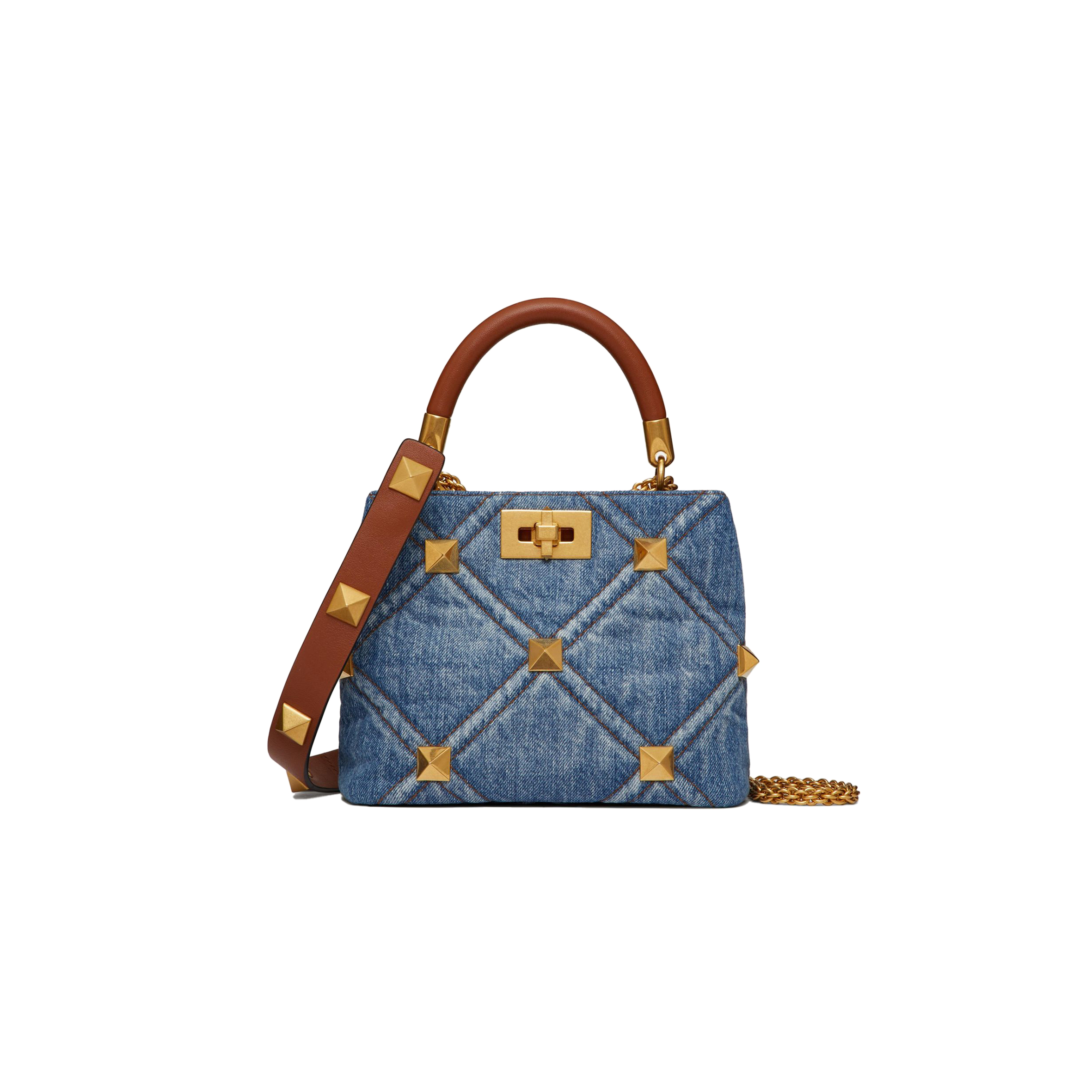 VALENTINO SMALL ROMAN STUD THE HANDLE BAG IN DENIM XW0B0I97HMR_F23 (21*17*14cm)