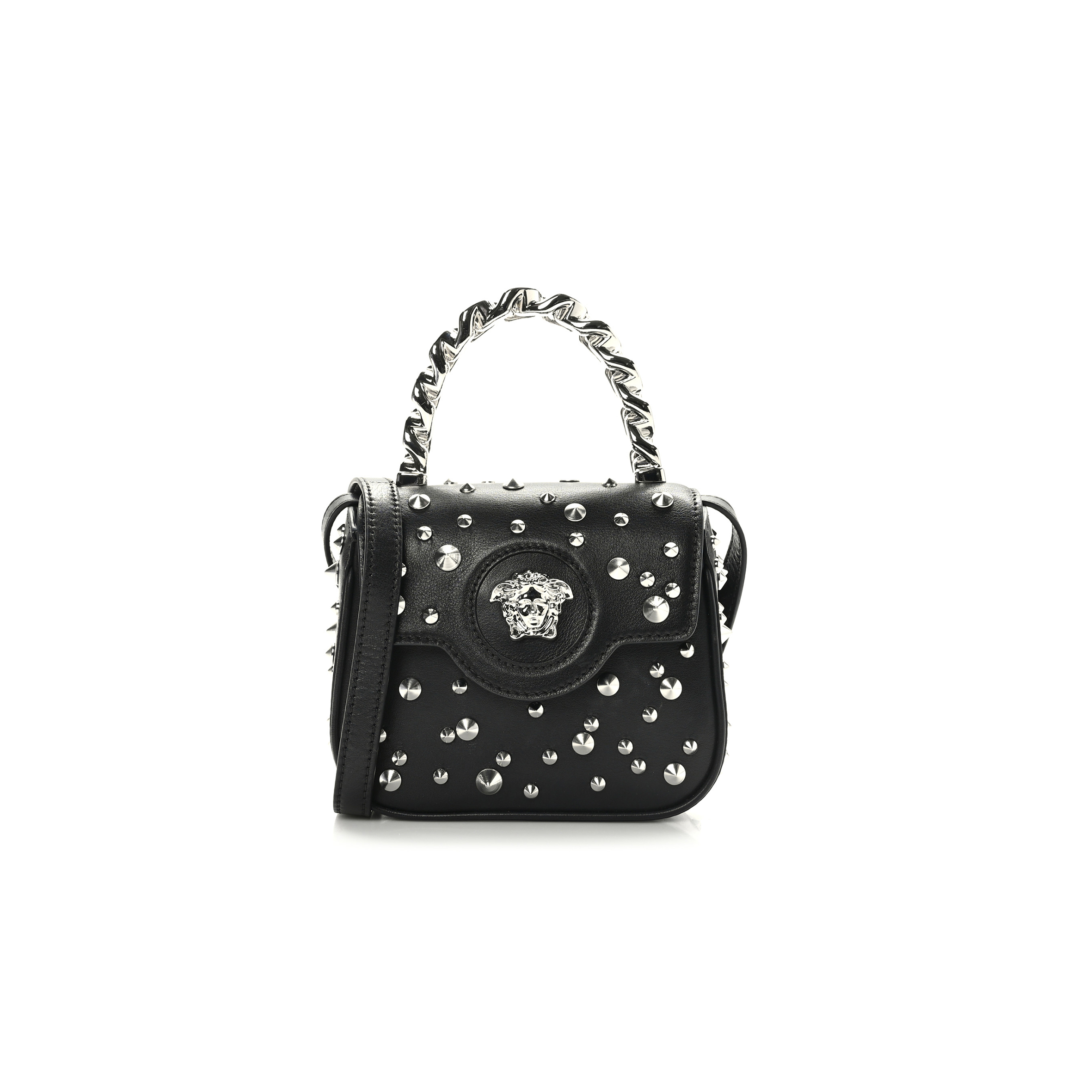 VERSACE GRAINED CALFSKIN SPIKED MICRO LA MEDUSA BAG BLACK  (17*14*6cm)