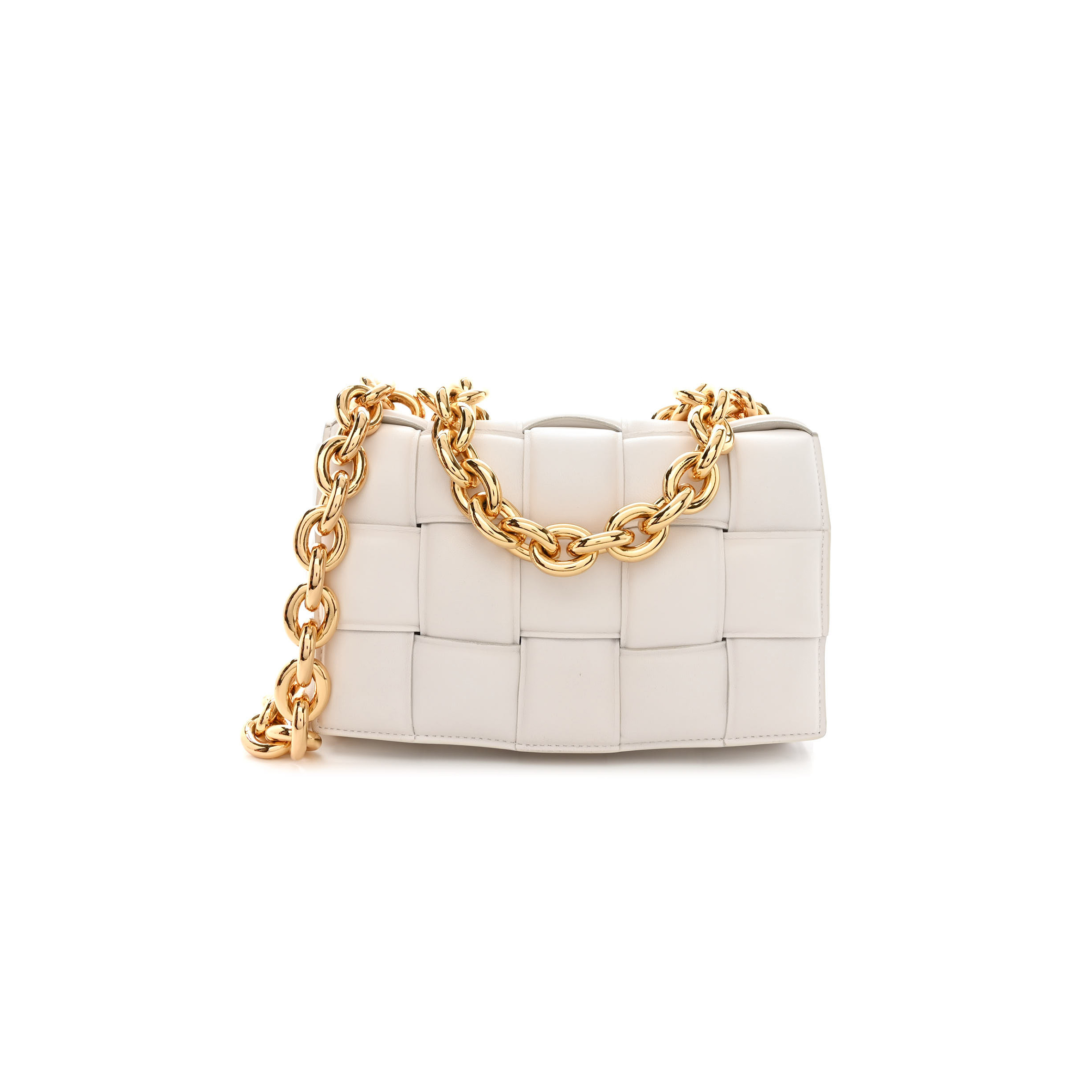 BOTTEGA VENETA LAMBSKIN MAXI INTRECCIO PADDED CHAIN CASSETTE CROSSBODY BAG WHITE  (27*17*8cm)