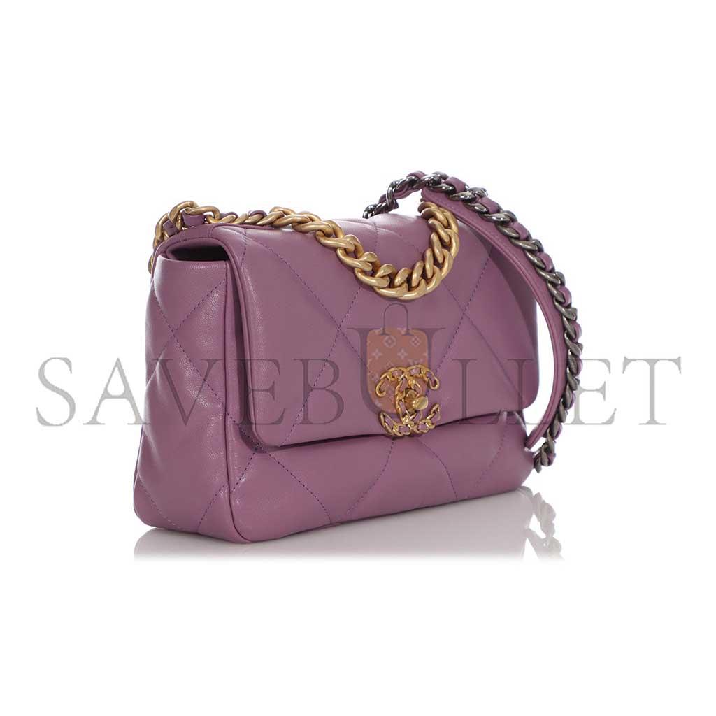 CHANEL PURPLE QUILTED CHÈVRE MEDIUM 19 BAG GOLD, RUTHENIUM, AND SILVER HARDWARE AS1160 (26*16*9cm)