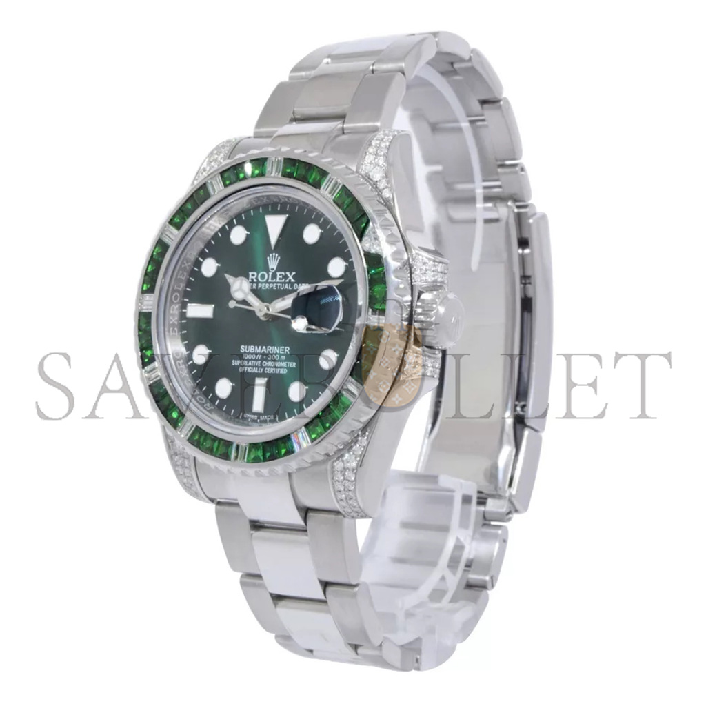 ROLEX SUBMARINER DATE STEEL GREEN STONES & DIAMOND 40MM WATCH 116610