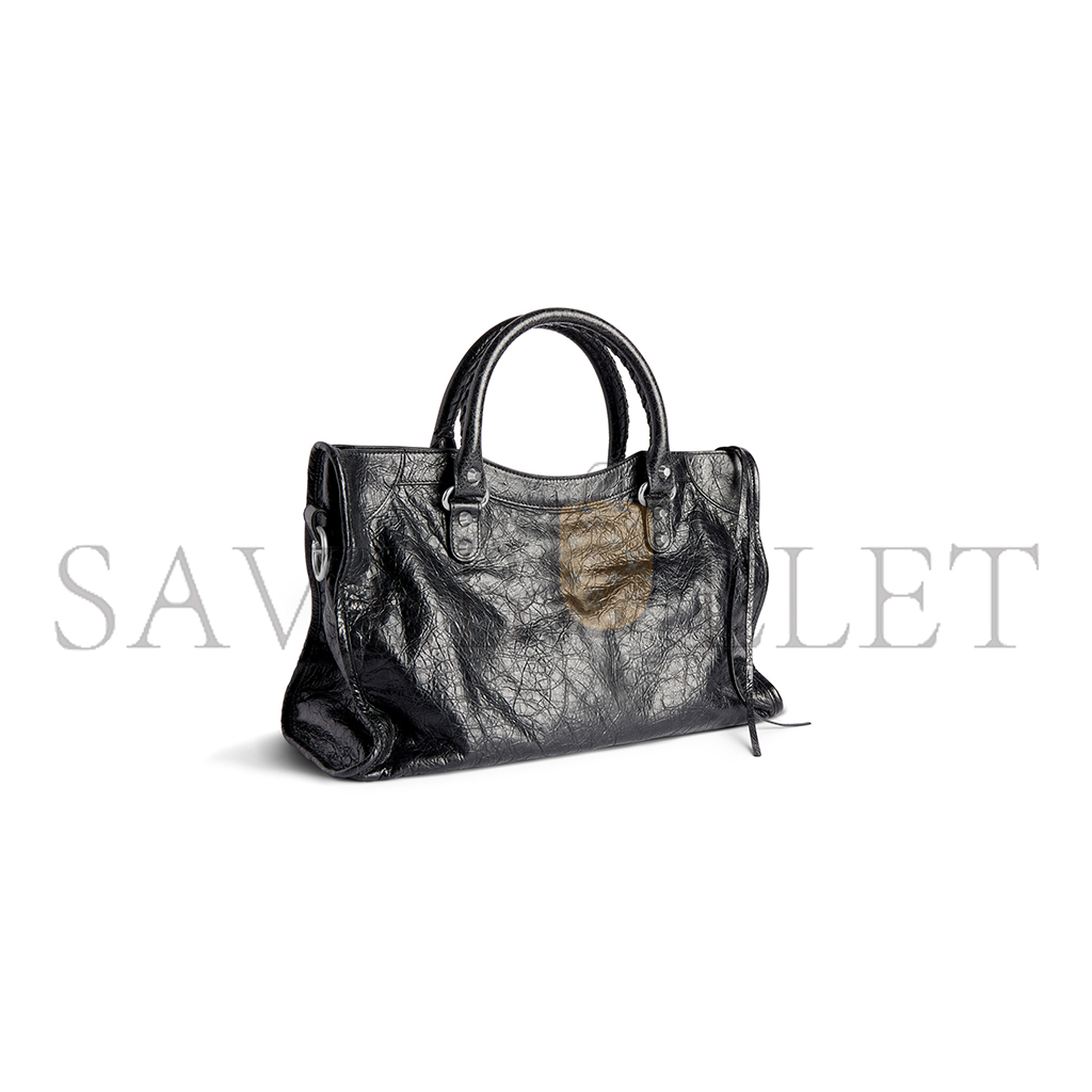 BALENCIAGA LE CITY MEDIUM BAG IN BLACK ARENA LAMBSKIN, SHINY SILVER HARDWARE 7977862AA9S1000 (29.9*19.1*9.9cm)