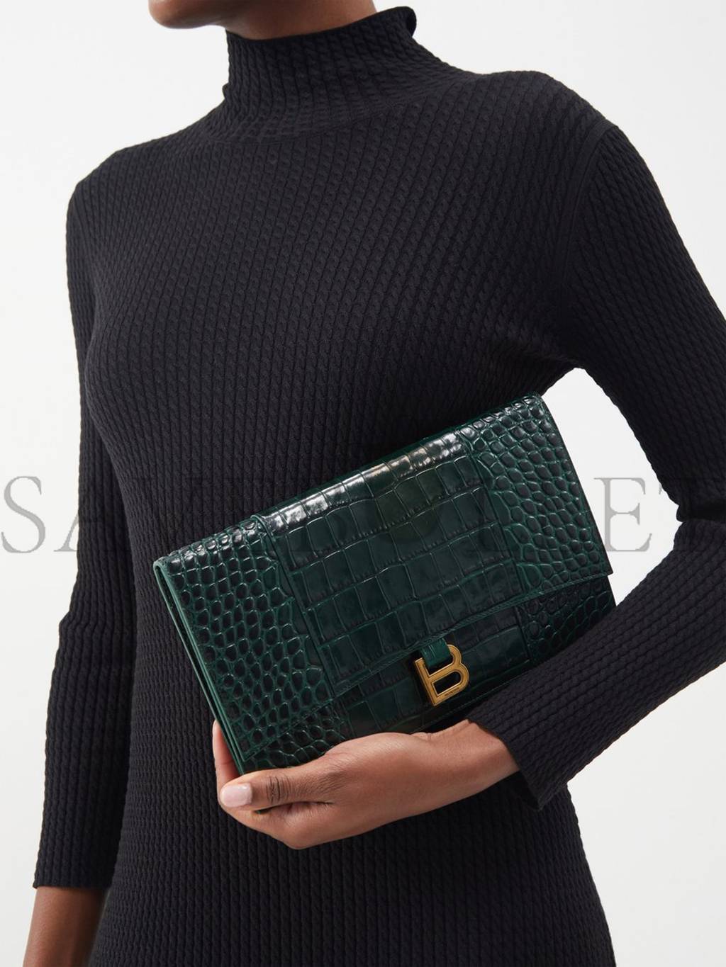 BALENCIAGA GREEN HOURGLASS CROC-EMBOSSED LEATHER POUCH MATCHESFASHION US (27*16cm)