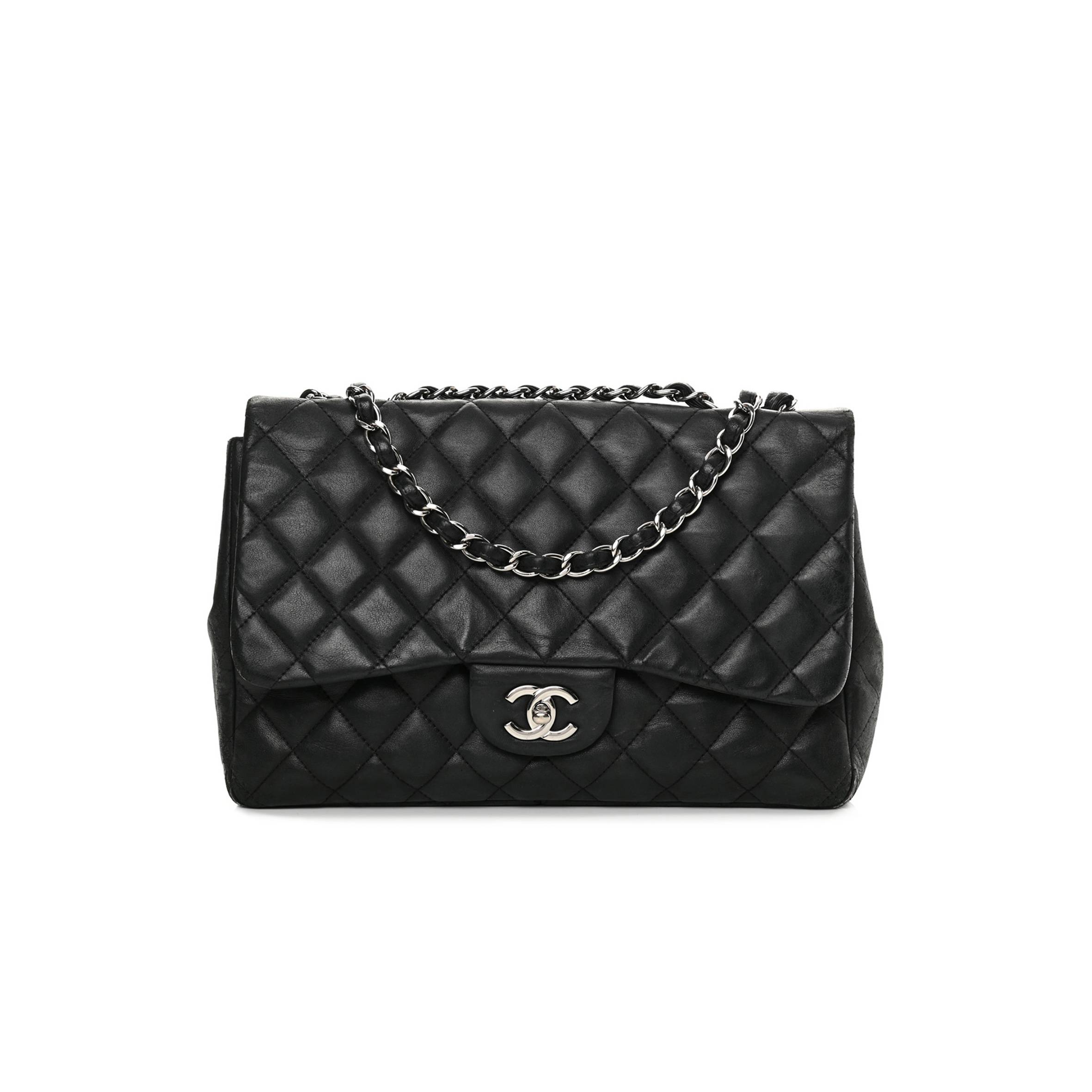 CHANEL LAMBSKIN QUILTED JUMBO SINGLE FLAP BLACK SILVER HARDWARE (30*20*9cm)