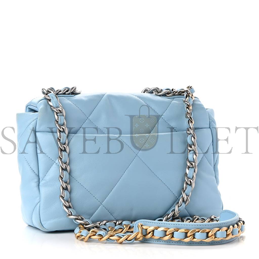 CHANEL LAMBSKIN QUILTED MEDIUM CHANEL 19 FLAP LIGHT BLUE SILVER HARDWARE (25*17*8cm)