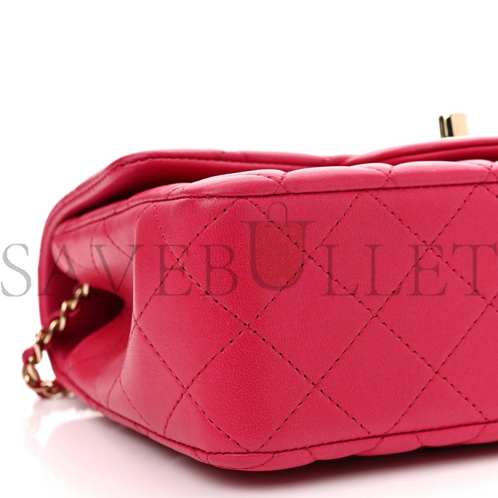 CHANEL LAMBSKIN QUILTED MINI TOP HANDLE RECTANGULAR FLAP DARK PINK ROSE GOLD HARDWARE (19*13*7cm)