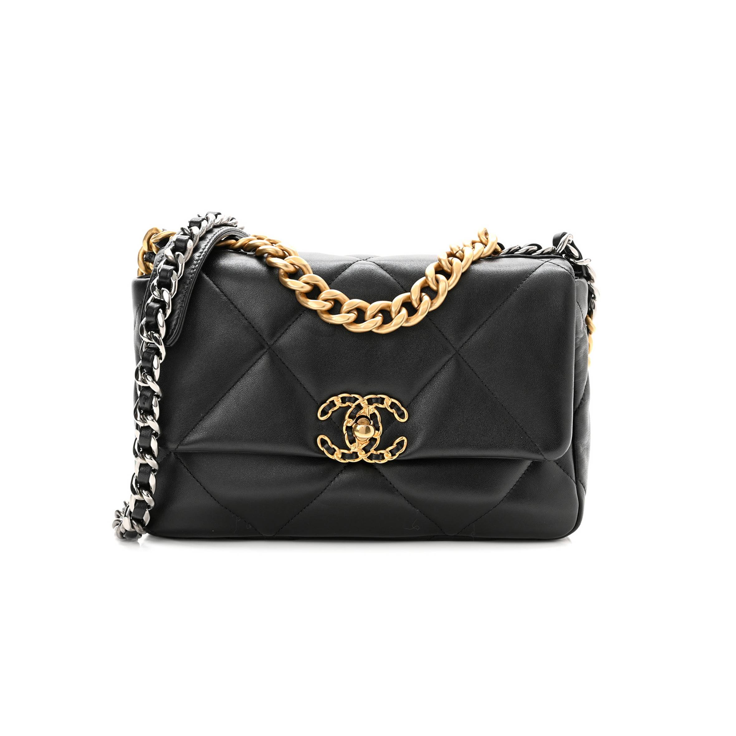 CHANEL LAMBSKIN QUILTED MEDIUM CHANEL 19 FLAP BLACK GOLD HARDWARE (25*16*7cm)