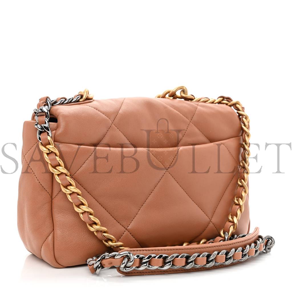 CHANEL LAMBSKIN QUILTED MEDIUM CHANEL 19 FLAP BROWN GOLD HARDWARE (25*16*8cm)