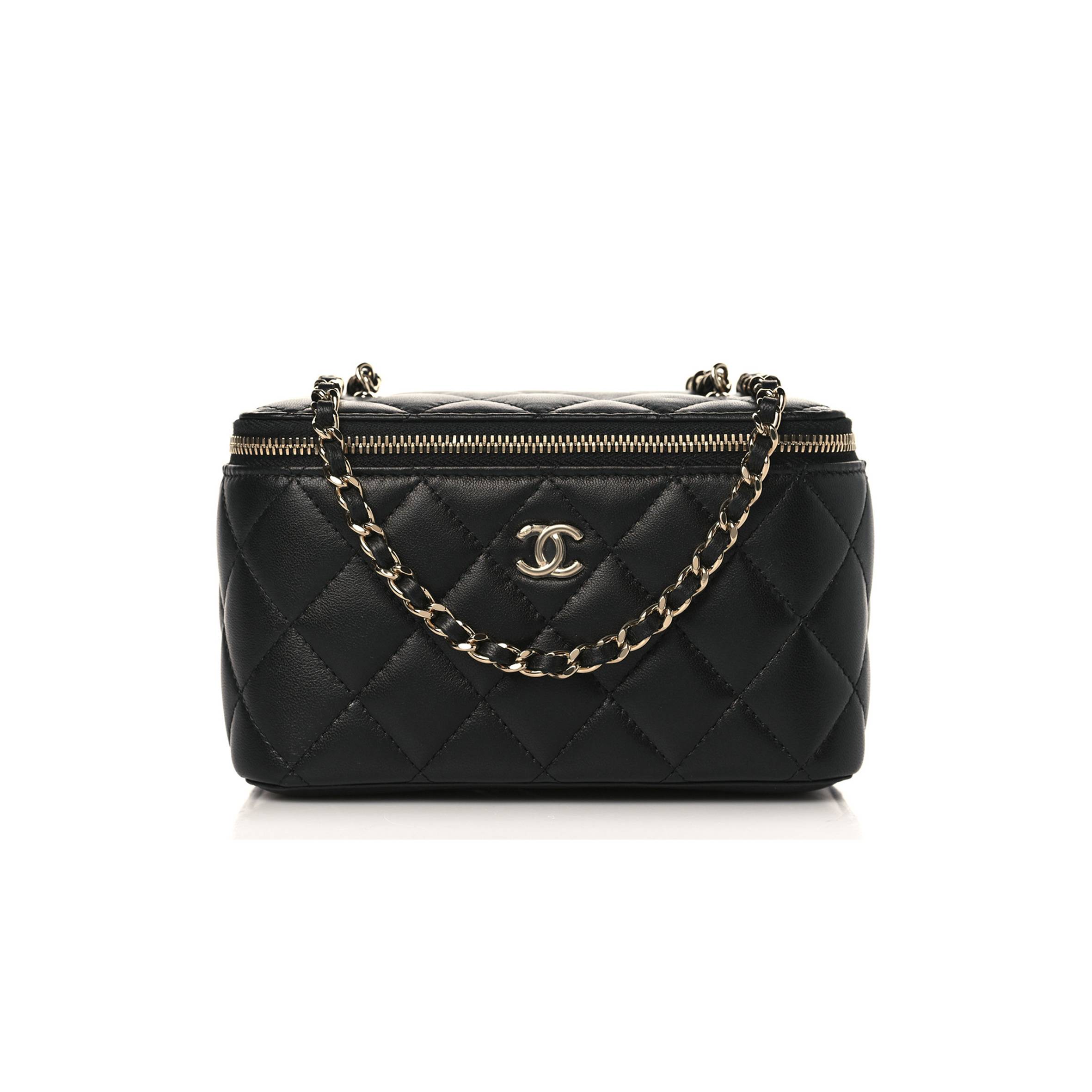 CHANEL LAMBSKIN QUILTED PEARL CRUSH SMALL VANITY CASE WITH CHAIN BLACK ROSE GOLD HARDWARE (17*10*8cm)