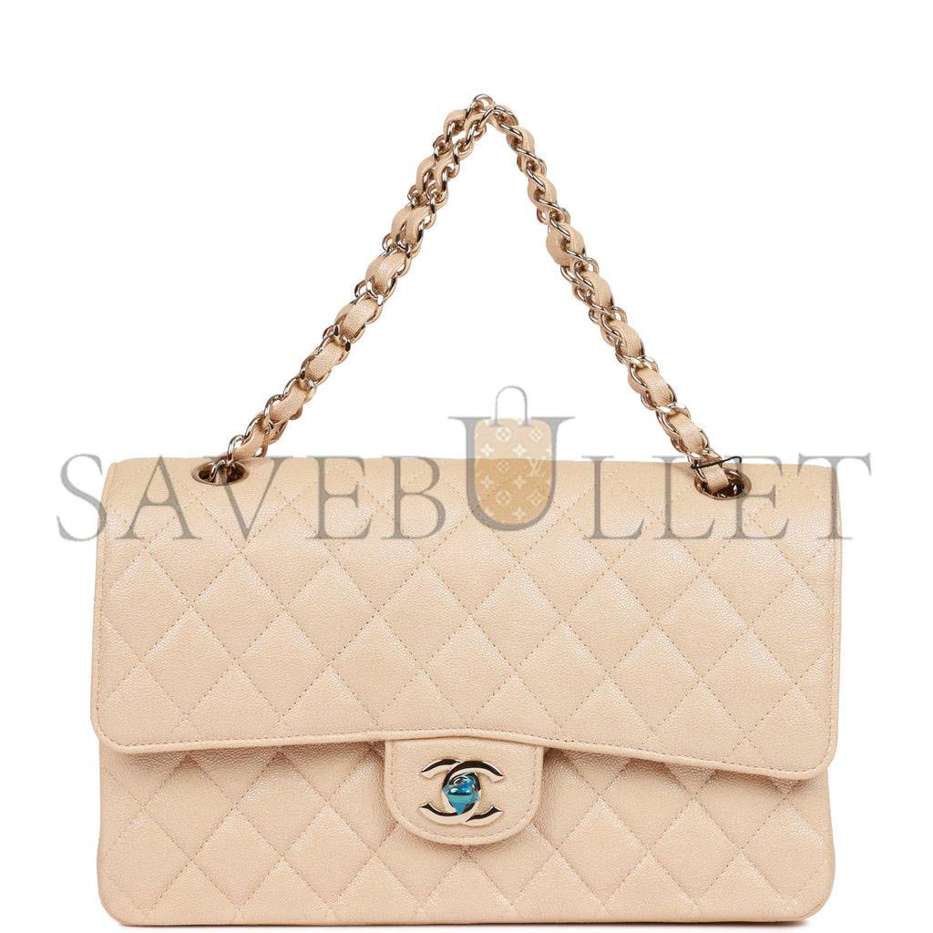 CHANEL MEDIUM CLASSIC DOUBLE FLAP BAG BEIGE IRIDESCENT CAVIAR LIGHT GOLD HARDWARE (25*15*7cm)