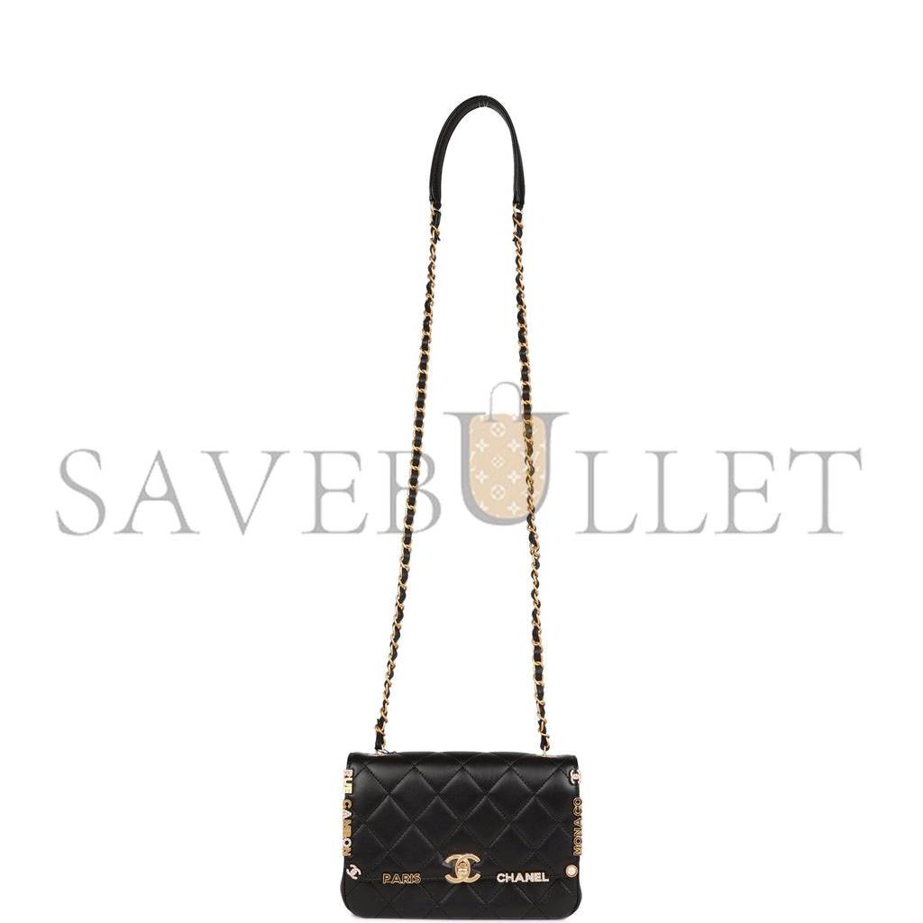 CHANEL MONACO MINI FLAP BAG BLACK LAMBSKIN ANTIQUE GOLD HARDWARE (19*13*8cm)