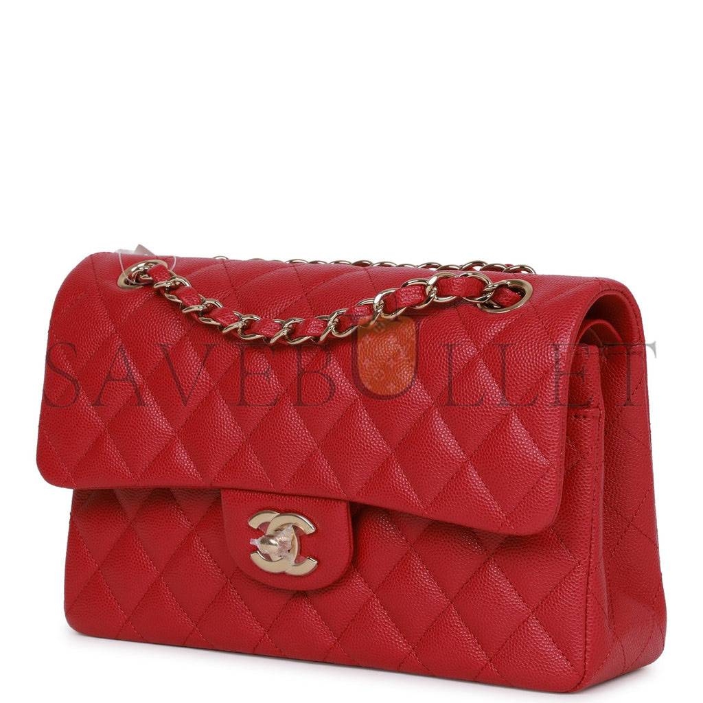 CHANEL SMALL CLASSIC DOUBLE FLAP DARK PINK CAVIAR LIGHT GOLD HARDWARE (23*13*6cm)