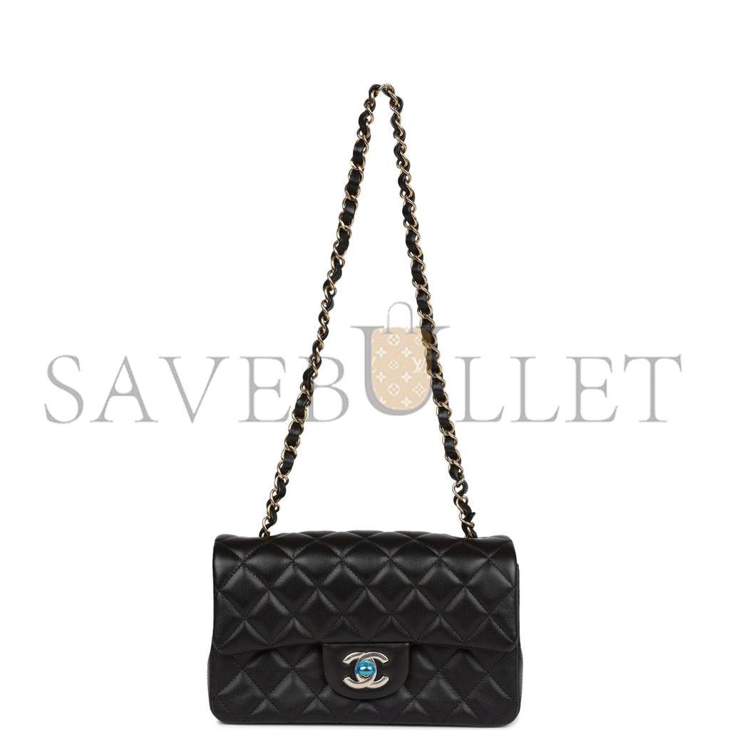 CHANEL MINI RECTANGULAR FLAP BAG BLACK LAMBSKIN LIGHT GOLD HARDWARE (20*13*6cm)