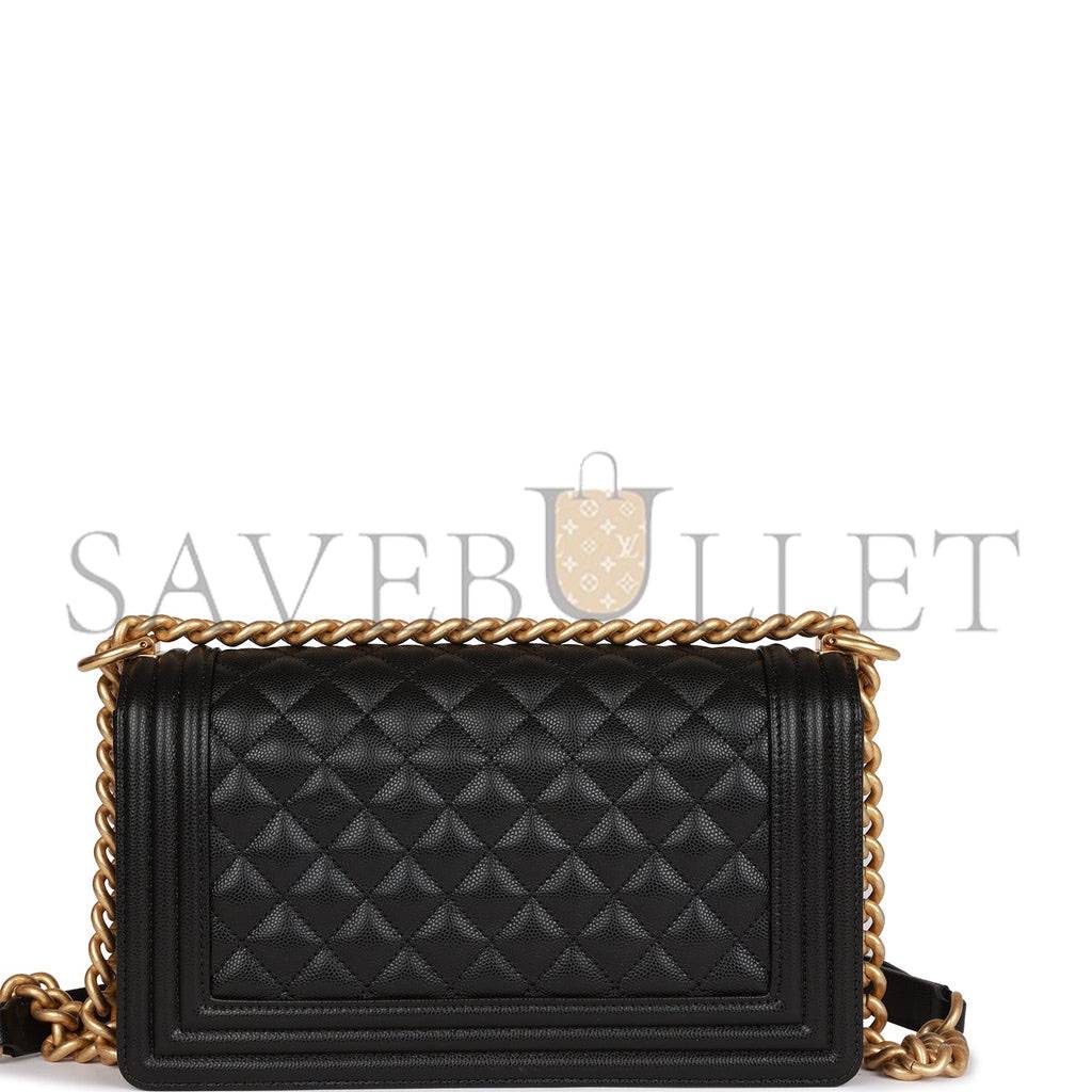 CHANEL MEDIUM BOY BAG BLACK CAVIAR ANTIQUE GOLD HARDWARE (25*15*9cm)