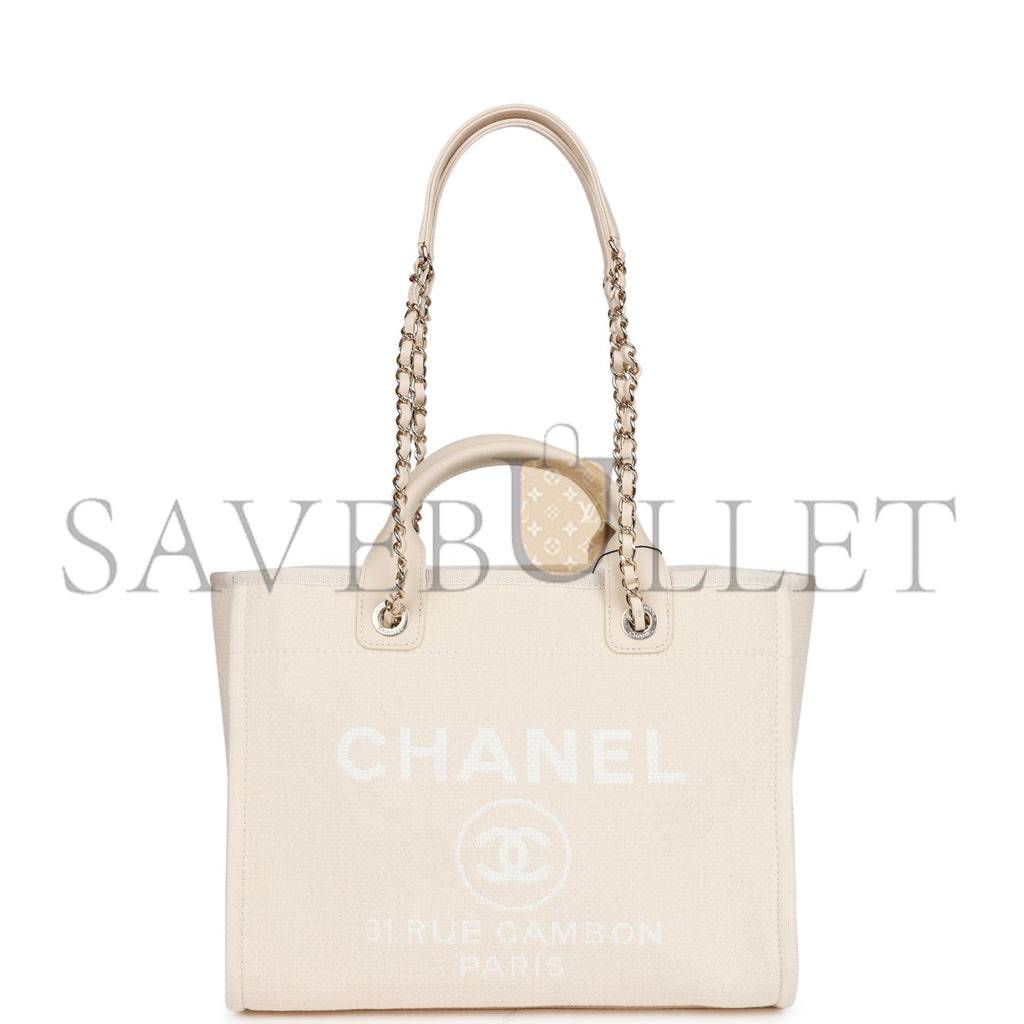 CHANEL LARGE DEAUVILLE SHOPPING BAG WHITE BOUCLE LIGHT GOLD HARDWARE (41*28*15cm)