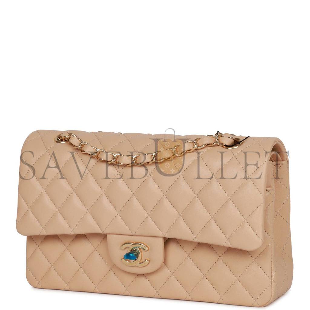 CHANEL MEDIUM CLASSIC DOUBLE FLAP BAG BEIGE LAMBSKIN LIGHT GOLD HARDWARE (25*15*7cm)