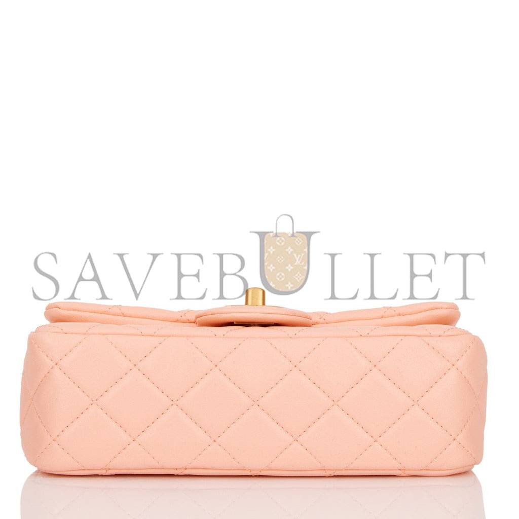 CHANEL PEARL CRUSH MINI RECTANGULAR FLAP BAG PEACH LAMBSKIN ANTIQUE GOLD HARDWARE (20*13*6cm)