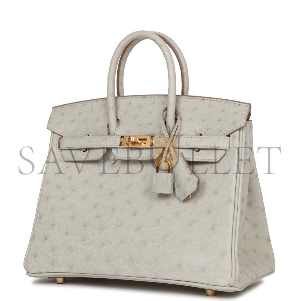 HERMES BIRKIN 25 GRIS PERLE OSTRICH GOLD HARDWARE HANDMADE (25cm)