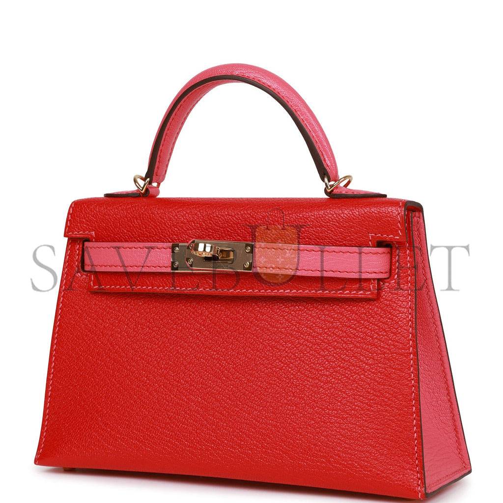 HERMES SPECIAL ORDER (HSS) KELLY MINI SELLIER 20 ROUGE DE COEUR AND ROSE LIPSTICK CHEVRE PERMABRASS HARDWARE (19*12*5.5cm)