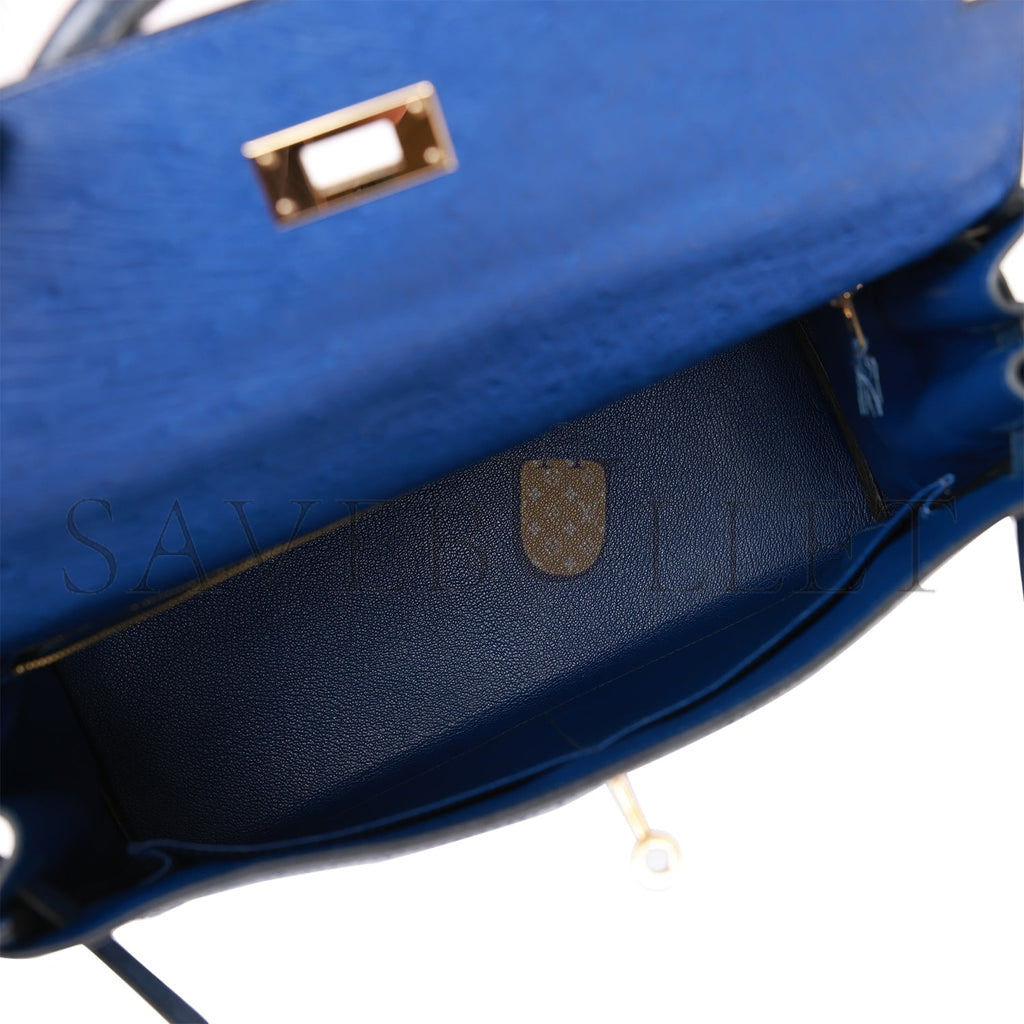 HERMES GHILLIES KELLY RETOURNE 32 BLEU SAPHIR, BLEU IRIS AND BLEU DE MALTE OSTRICH PERMABRASS HARDWARE (32cm)