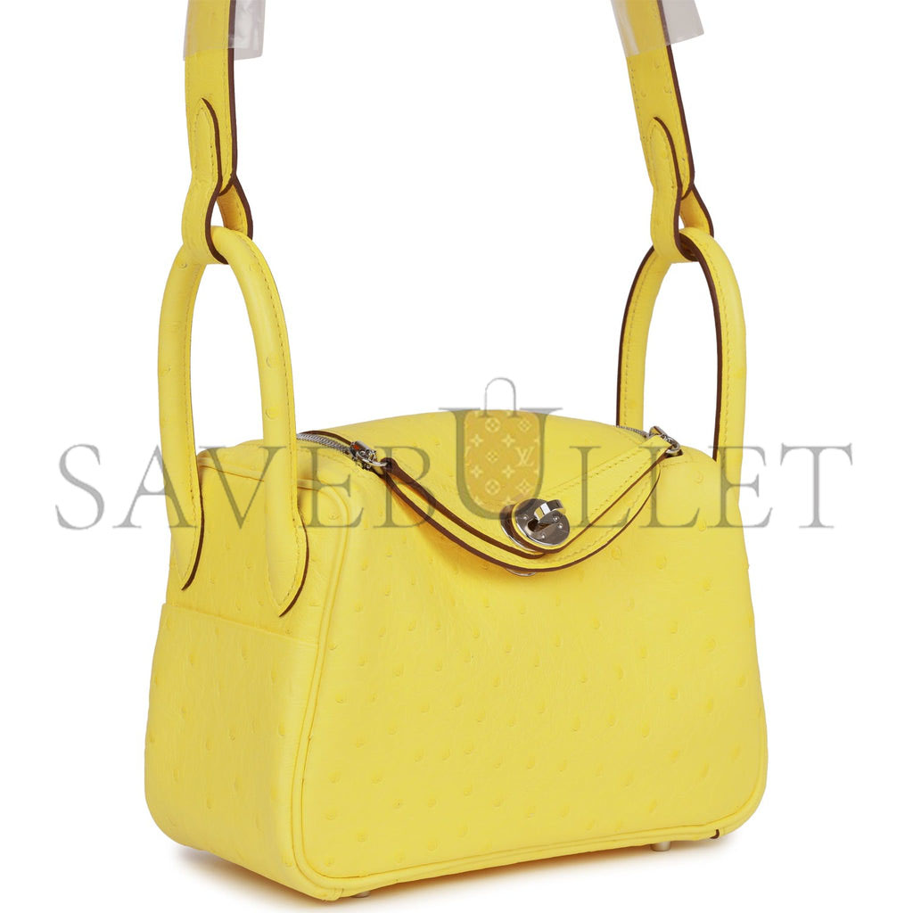 HERMES MINI LINDY JAUNE CITRON OSTRICH PALLADIUM HARDWARE (19*12.5*9)