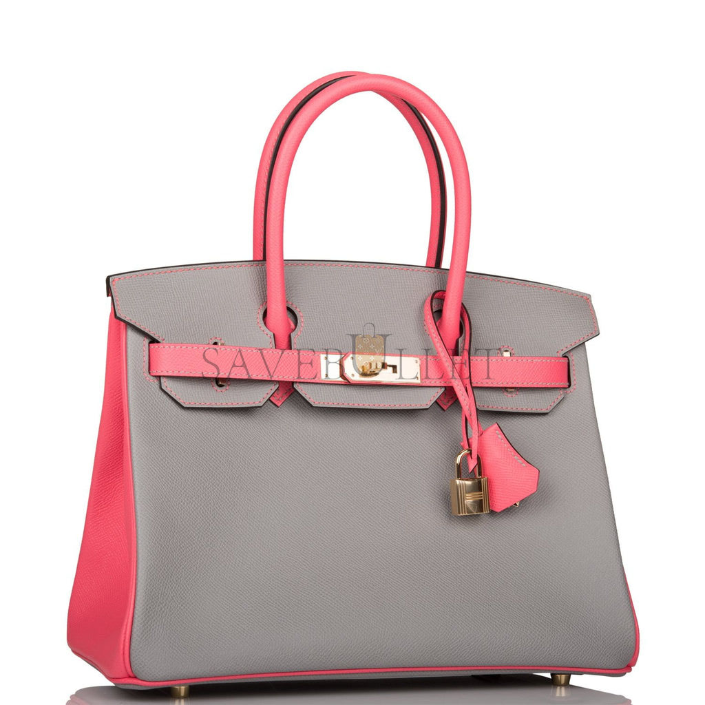 HERMES SPECIAL ORDER (HSS) BIRKIN 30 GRIS MOUETTE AND ROSE AZALEE EPSOM PERMABRASS HARDWARE( 30cm*22*16cm)