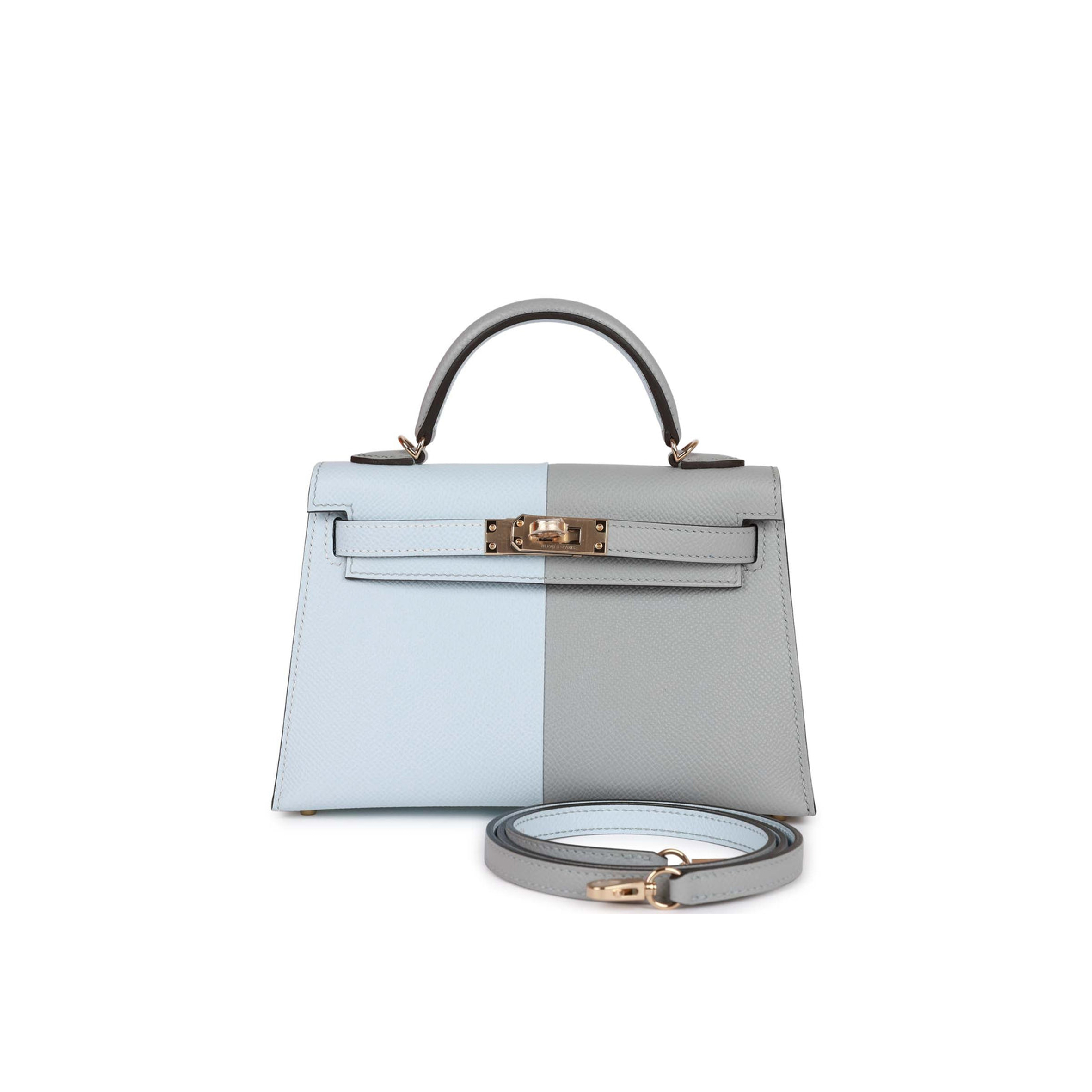 HERMES SPECIAL ORDER (HSS) KELLY MINI SELLIER 20 CASAQUE BLEU BRUME AND GRIS MEYER EPSOM PERMABRASS HARDWARE (19*12*5.5cm)