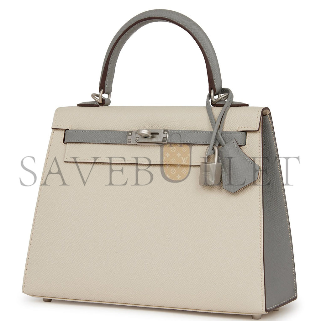 HERMES SPECIAL ORDER (HSS) KELLY SELLIER 25 CRAIE AND GRIS MOUETTE EPSOM BRUSHED PALLADIUM HARDWARE HANDMADE (25*17*7cm)