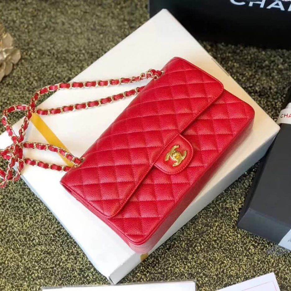 CHANEL CLASSIC FLAP SMALL RED CAVIAR LEATHER GOLD HARDWARE (23*14.5*6cm)