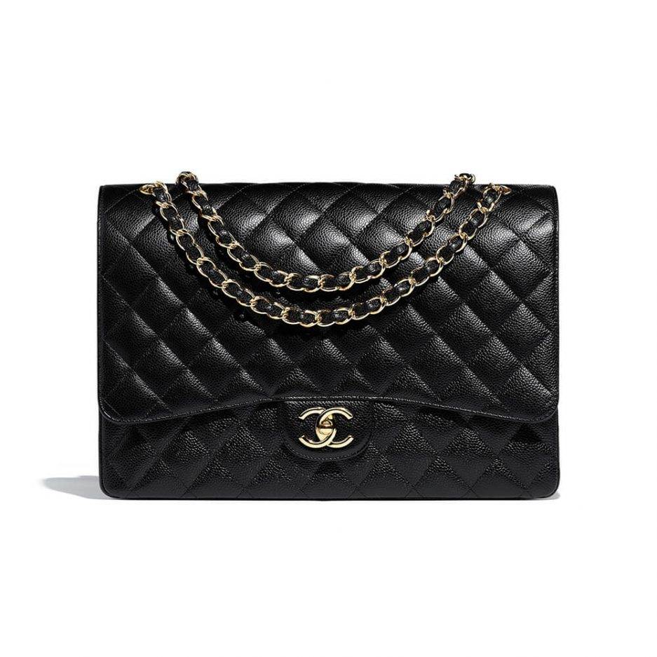 CHANEL CLASSIC FLAP MAXI BLACK CAVIAR LEATHER GOLD HARDWARE (33*22*9cm)