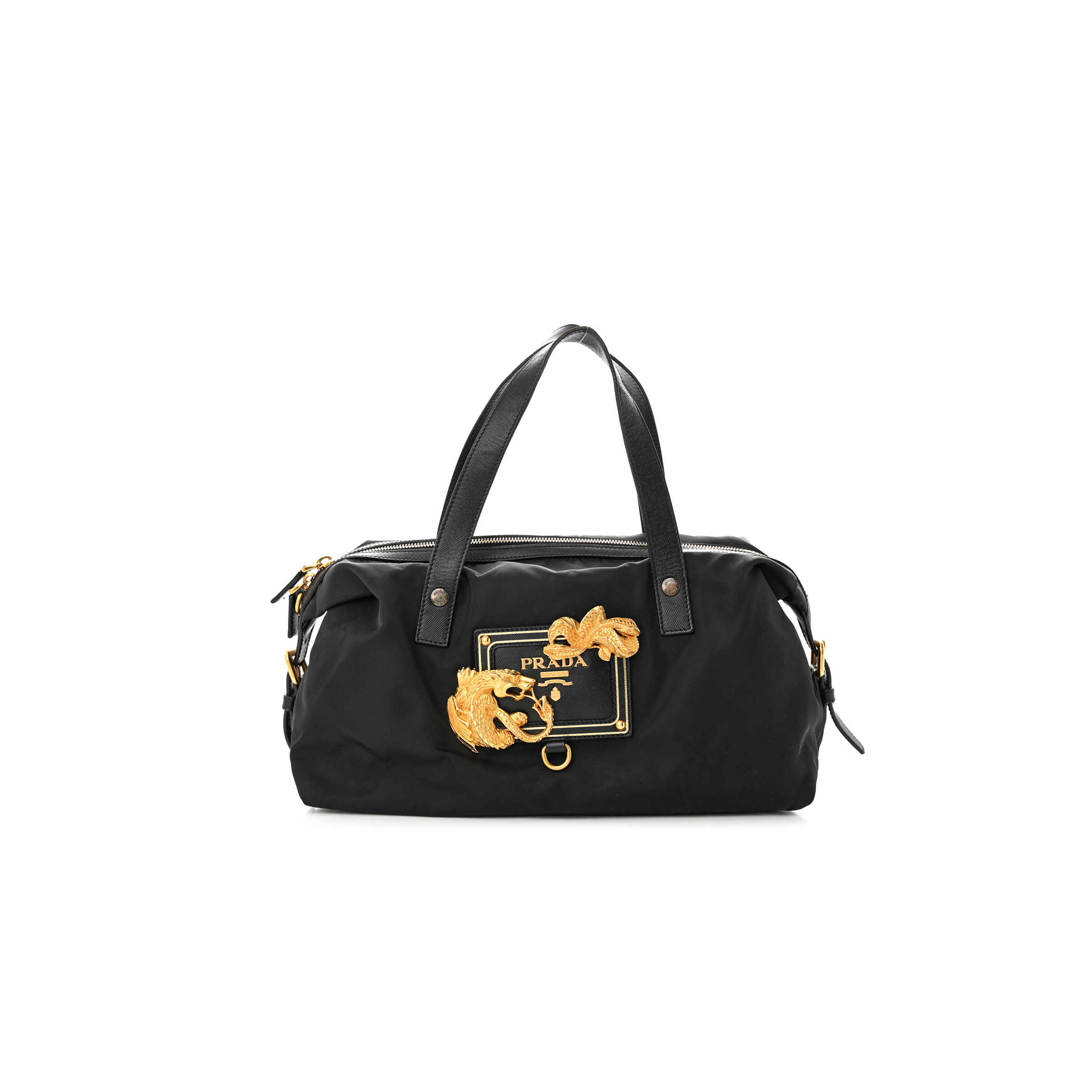 PRADA NYLON ANIMALIER BOSTON BAG BLACK (33*20*15cm)