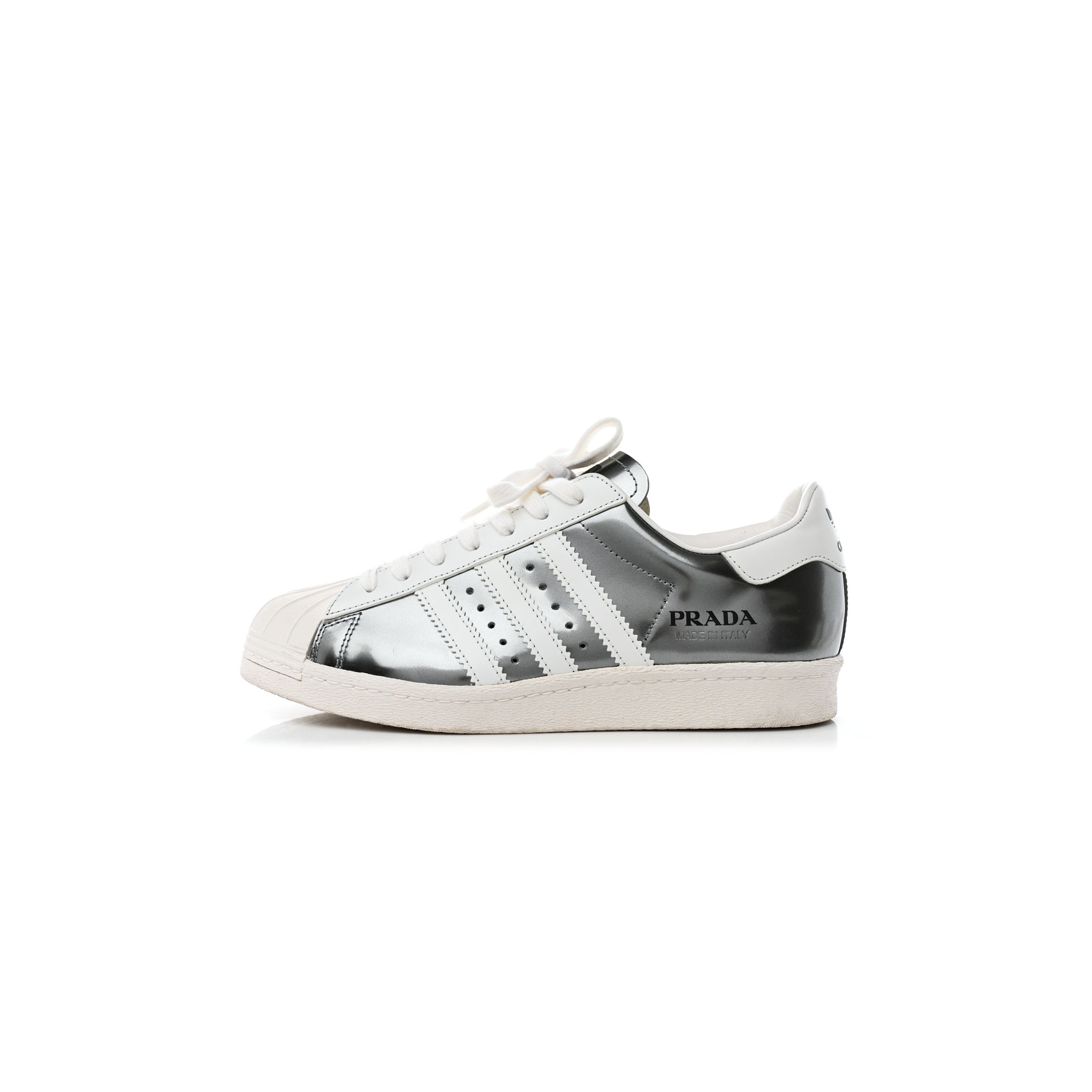 PRADA X ADIDAS BRUSHED CALFSKIN LOGO MENS SUPERSTAR SNEAKERS 6 SILVER WHITE