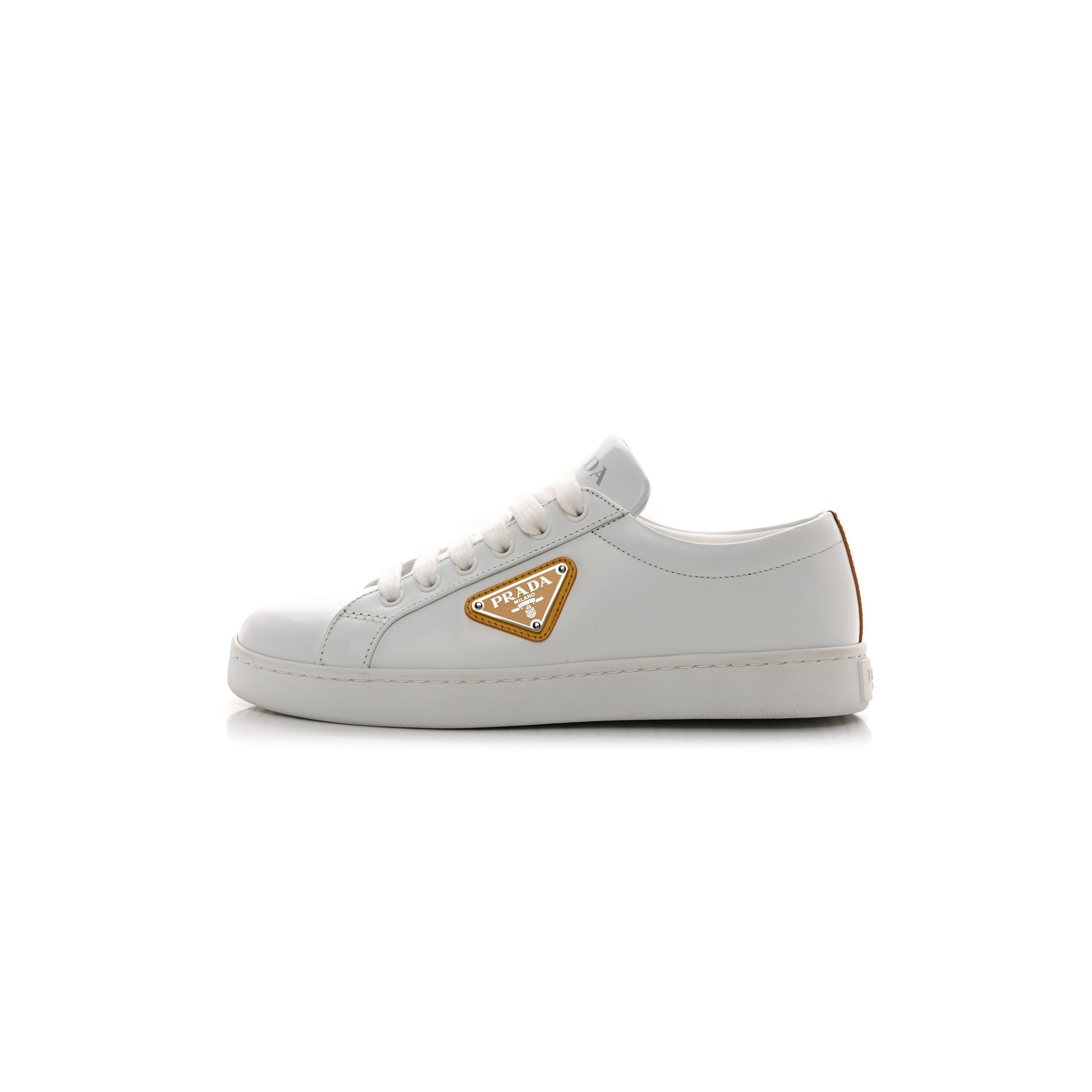 PRADA SPAZZOLATO ROIS METAL TRIANGLE LOGO 25MM SNEAKERS 35.5 WHITE SOLEIL