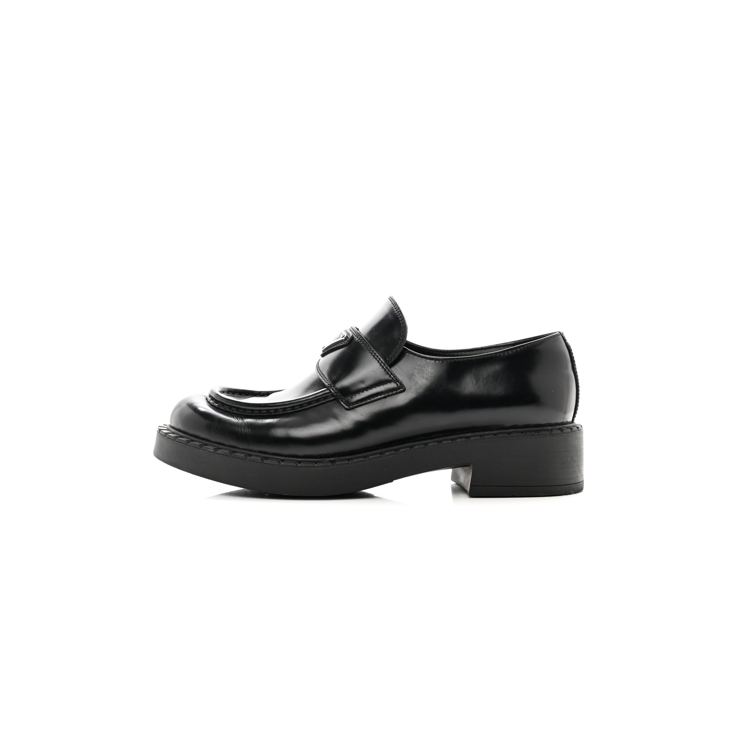 PRADA SPAZZOLATO METAL TRIANGLE LOGO 50MM LOAFERS 40.5 BLACK