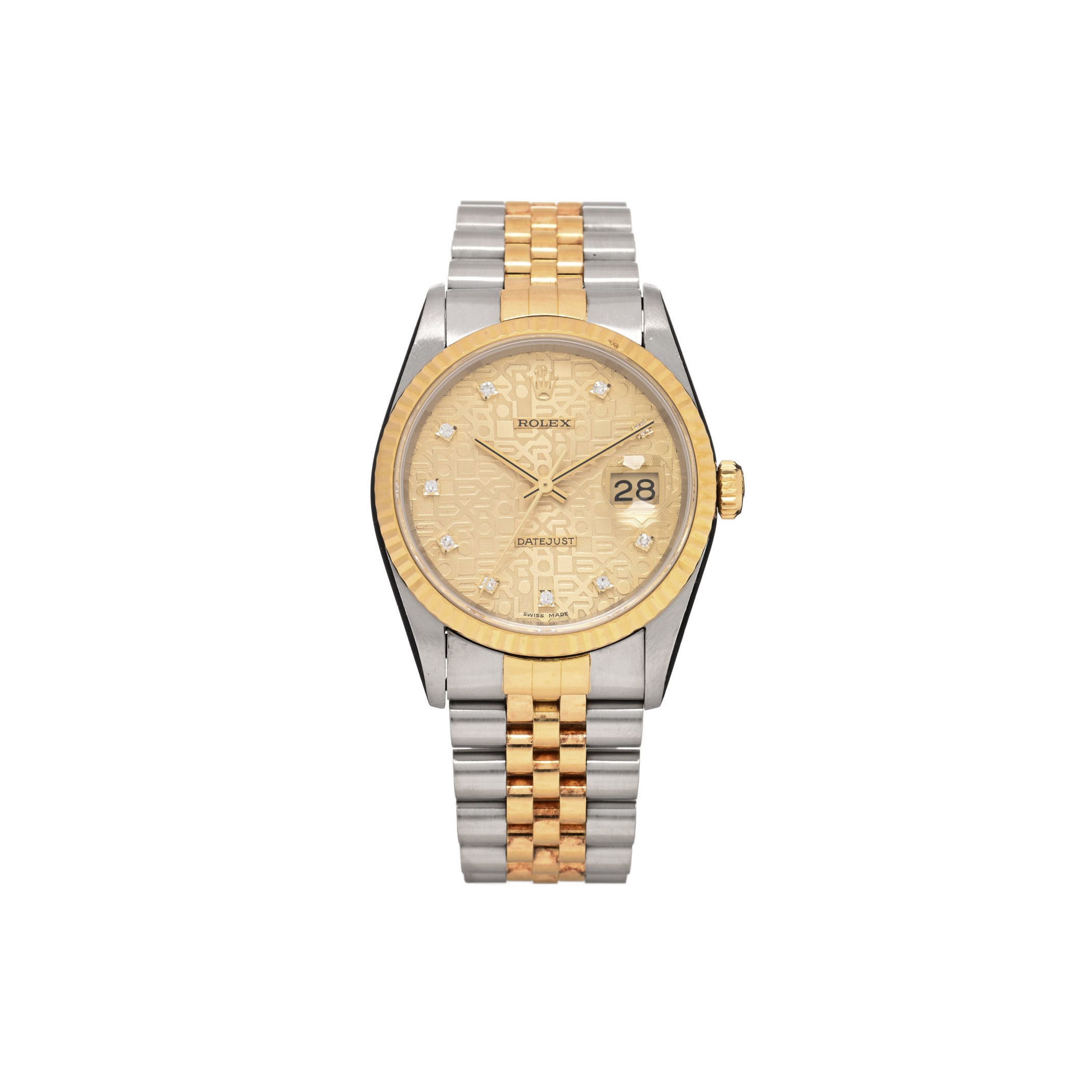 ROLEX STAINLESS STEEL 18K YELLOW GOLD DIAMOND 36MM OYSTER PERPETUAL DATEJUST WATCH CHAMPAGNE JUBILEE 16233