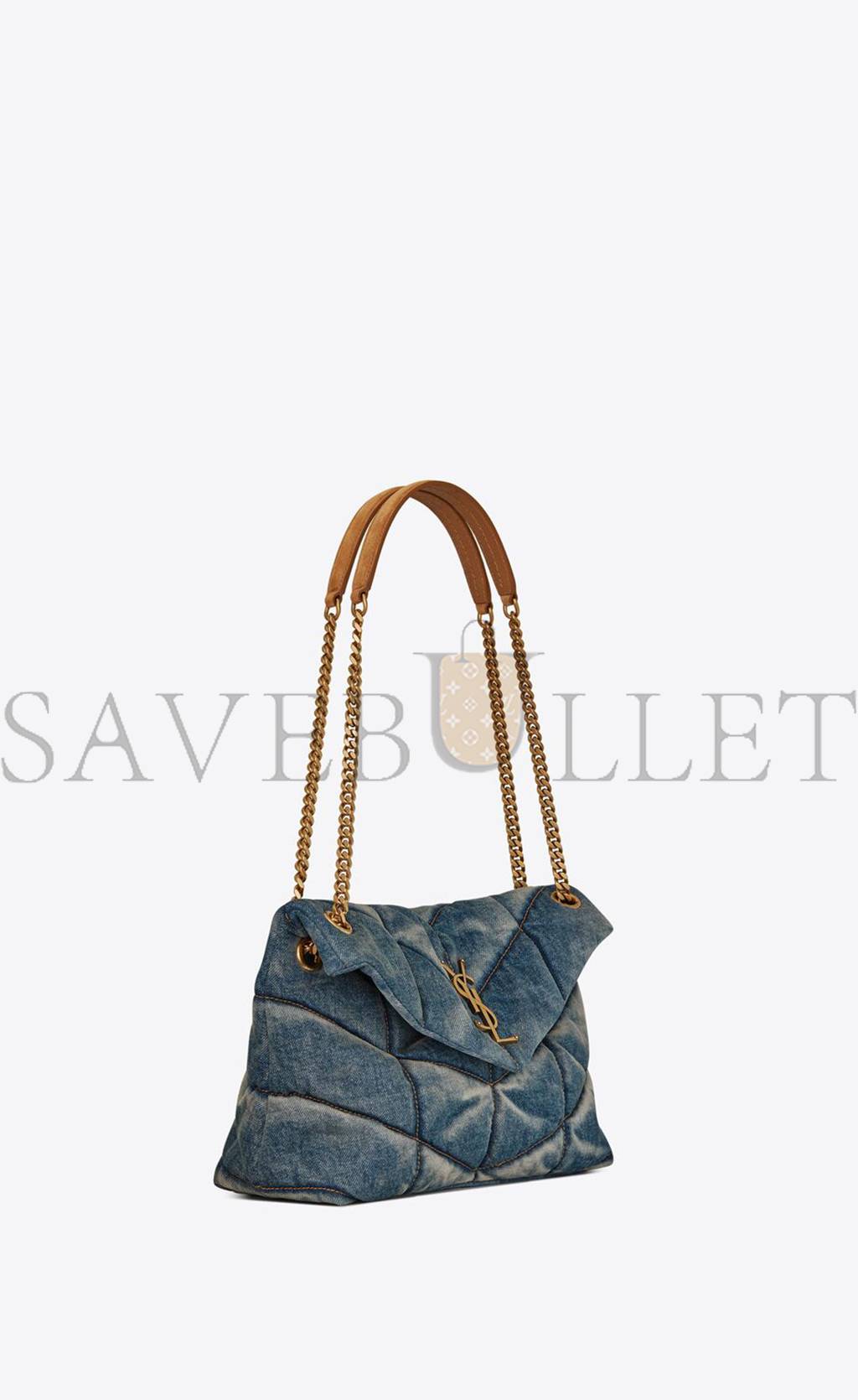 YSL PUFFER SMALL CHAIN BAG IN QUILTED VINTAGE DENIM AND SUEDE 5774762PT674575 (29*17*11cm)