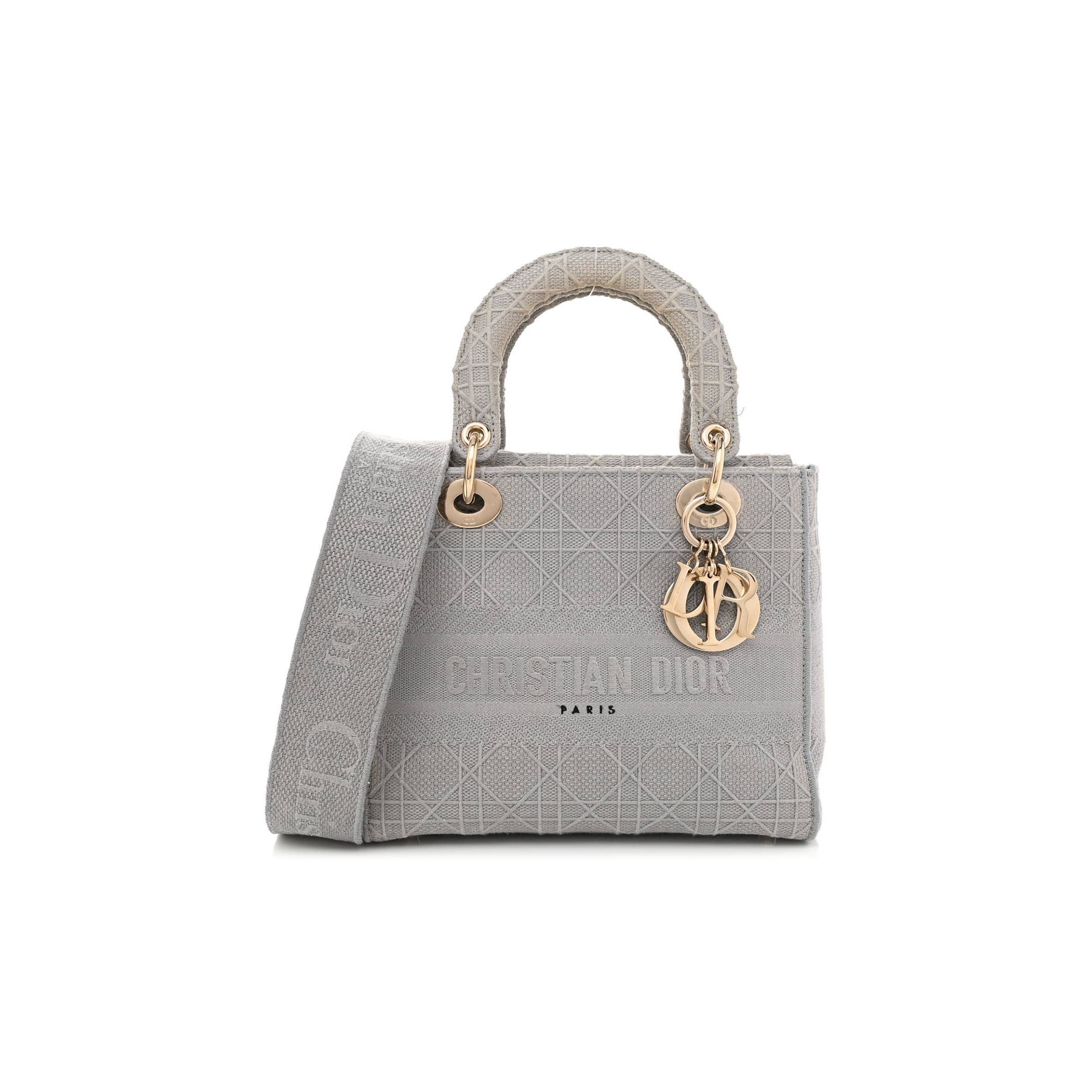 DIOR CANVAS EMBROIDERED CANNAGE MEDIUM LADY D-LITE GRAY (23*20*11.4cm)