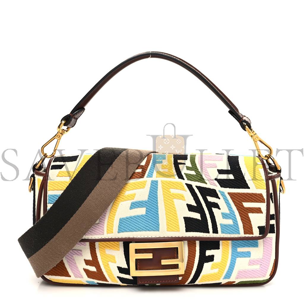 FENDI X SARA COLEMAN CANVAS VITELLO KING SETA FF FISH EYE EMBROIDERED BAGUETTE GREZZO MULTICOLOR GHIANDA (28*15*8cm)